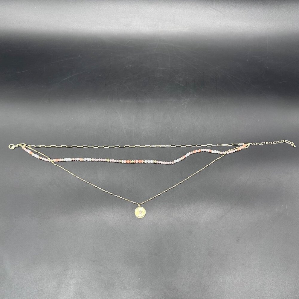 Three Strand Romantic Cottagecore Gold Tone Necklace Beads Pink White Statement - Picture 3 of 5